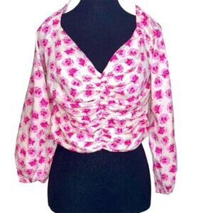 Zara Floral Pink Cream Ruched Women's XL Top On/Off Shoulder Zip Long Sleeve